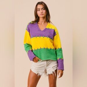 BiBi Stitch Detail Mardi Gras Stripes Sweater 10010076133